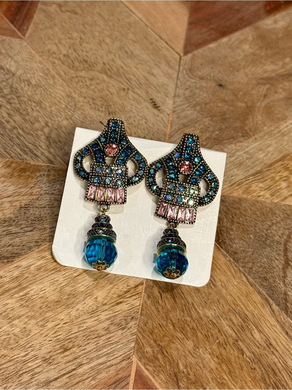 Vintage-Style Blue Crystal Drop Earrings with Pink Accents
